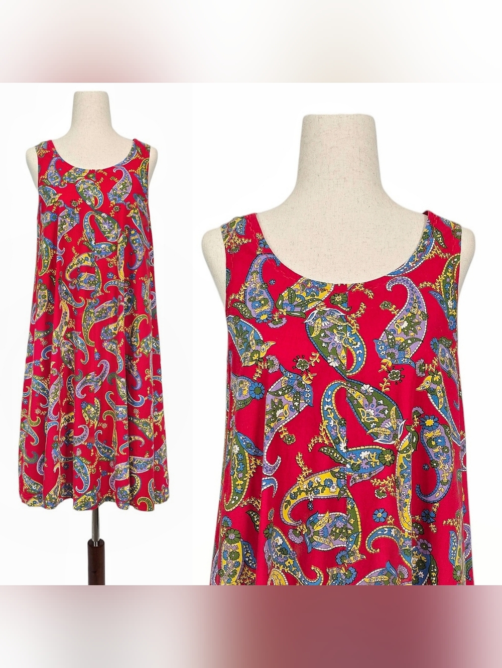 1990s Vintage Mini Dress 90s Skater Red Paisley Sleeveless XS Cotton Summer Vtg